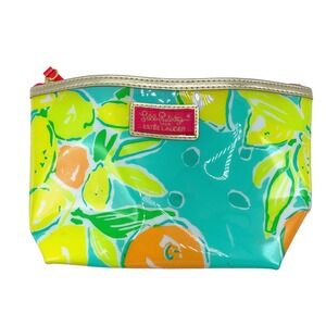 Lilly Pulitzer Estee Lauder Neon Yellow Floral Zip Vinyl Makeup Cosmetic Bag